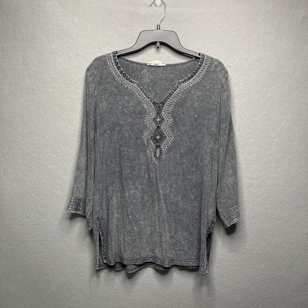 Luna Moon Embroidered Gray Tunic Top Small 3/4 Sleeve Boho Style